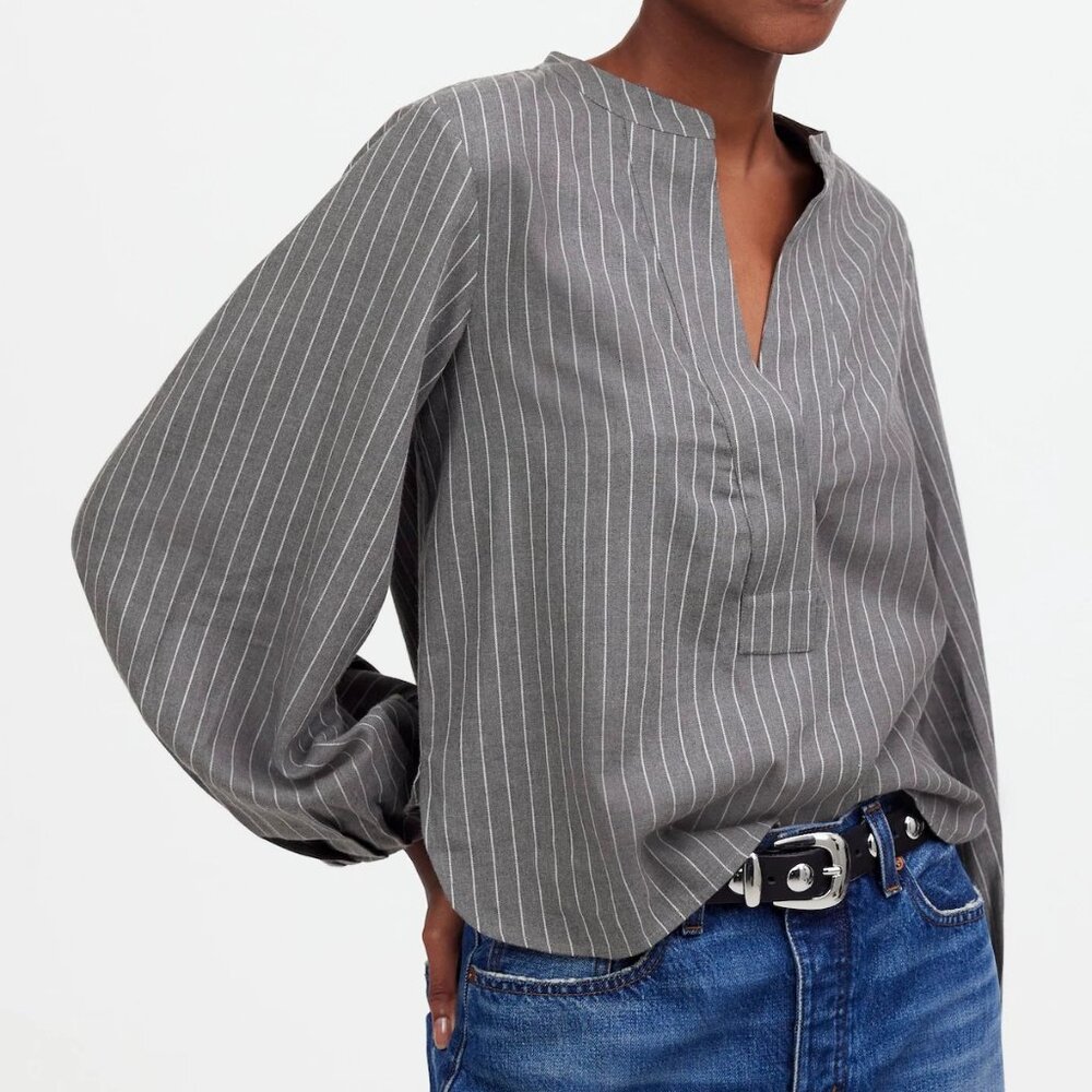 Madewell V-Neck Long-Sleeve Top, Heather White Stripe XS Grey Tunic Cotton Blend